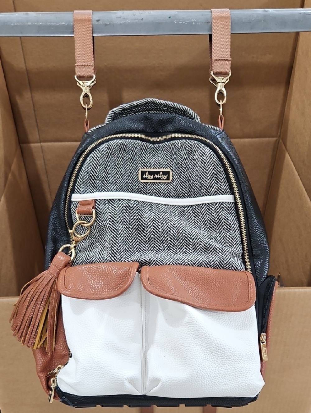 Itzy Ritzy Textured Herringbone Large Backpack in Black, White & Tan Diaper Bag